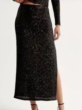 Abercrombie & Fitch Black Sequin Column Maxi Skirt Side Zip Slit Stretch Size XL